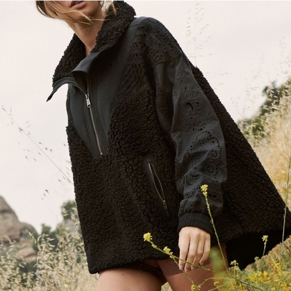 Free People,  Seaside Crocheted Sherpa Fleece Jacket in Black, Size S -NWOT - Picture 4 of 15